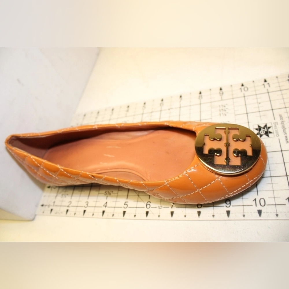 Tory Burch Reva Quilted Patent Leather Ballet Flats Orange Camel Brown Vachetta - Picture 8 of 10